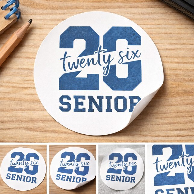 Bold “26 Senior” Blue Typography Design Classic Round Sticker (Creator Uploaded)