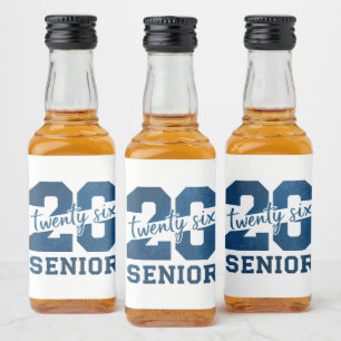 Bold “26 Senior” Blue Typography Design Liquor Bottle Label