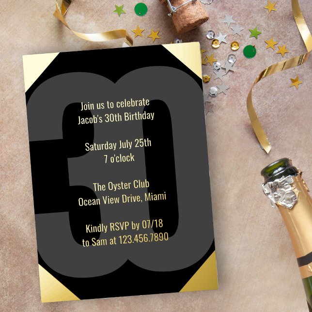 Bold 30th Birthday Luxe Black and Gold (Luxe 30th Birthday Invitation in black and gold with Bold Oversized Number and Typography)