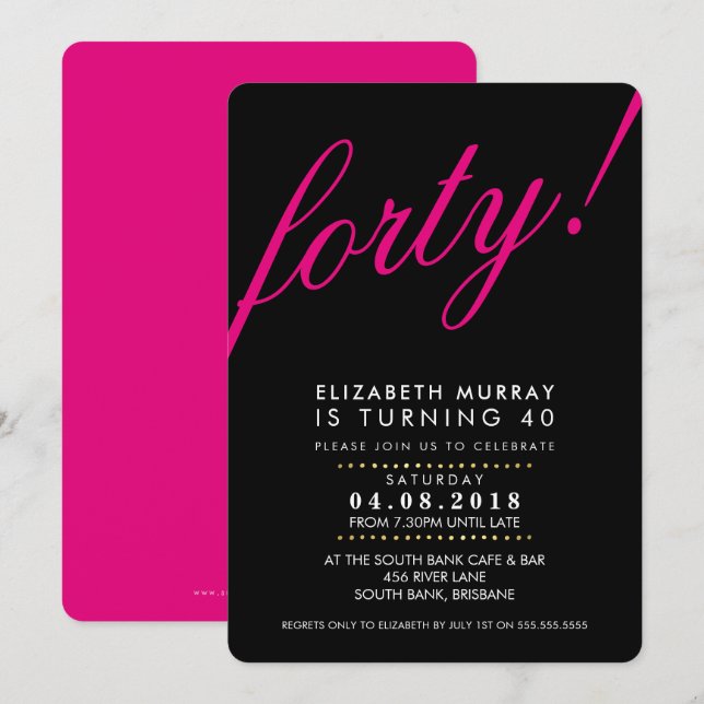 BOLD 40TH birthday party INVITE script black pink (Front/Back)