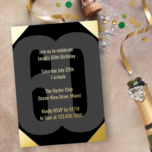 Bold 60th Birthday Luxe Black and Gold (Luxe 60th Birthday Invitation in black and gold with Bold Oversized Number and Typography)