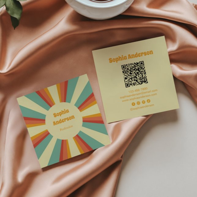 Bold 70s Style with Custom QR Code - Retro Brust Square Business Card (Creator Uploaded)