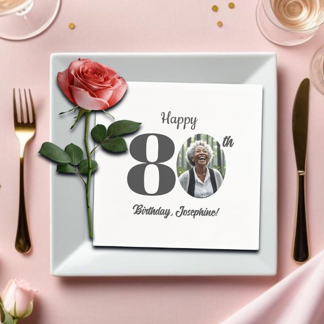 Bold 80th Birthday Party Photo Napkin (Creator Uploaded)