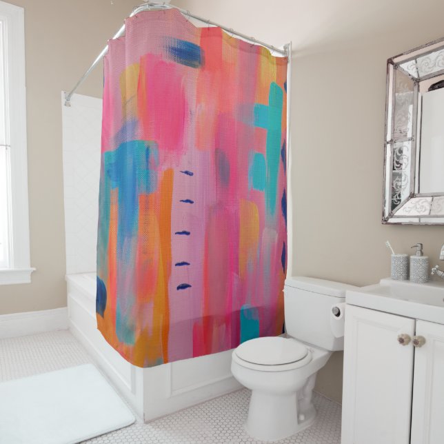 Bold Abstract Art in Pinks and Blues Shower Curtain (In Situ)
