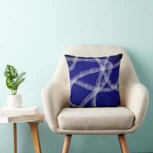 bold abstract art white lines on dark blue  cushion