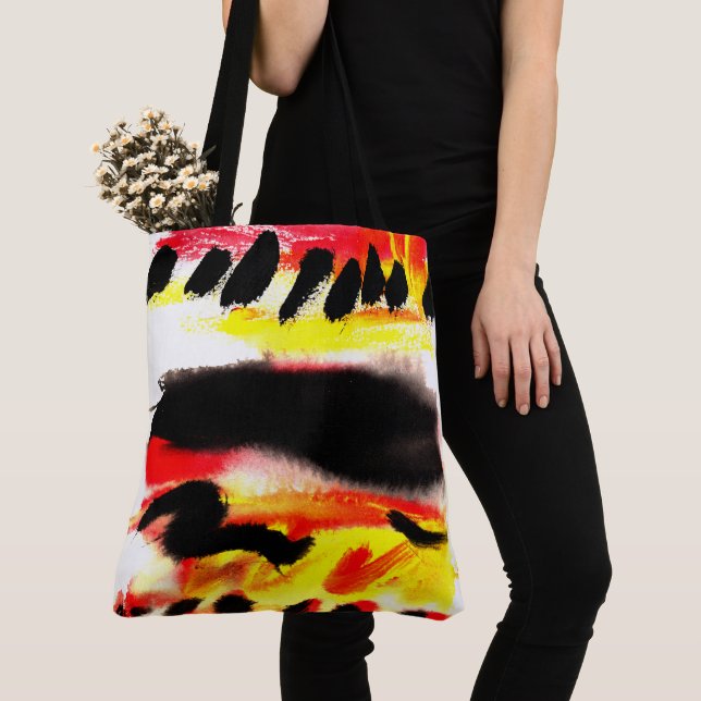 Bold Abstract Black Red Yellow Flowing Colours Tote Bag (Close Up)