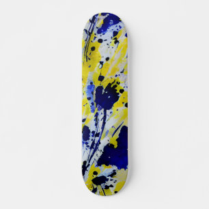 Bold Abstract Blue Yellow Paint Splash Skateboard