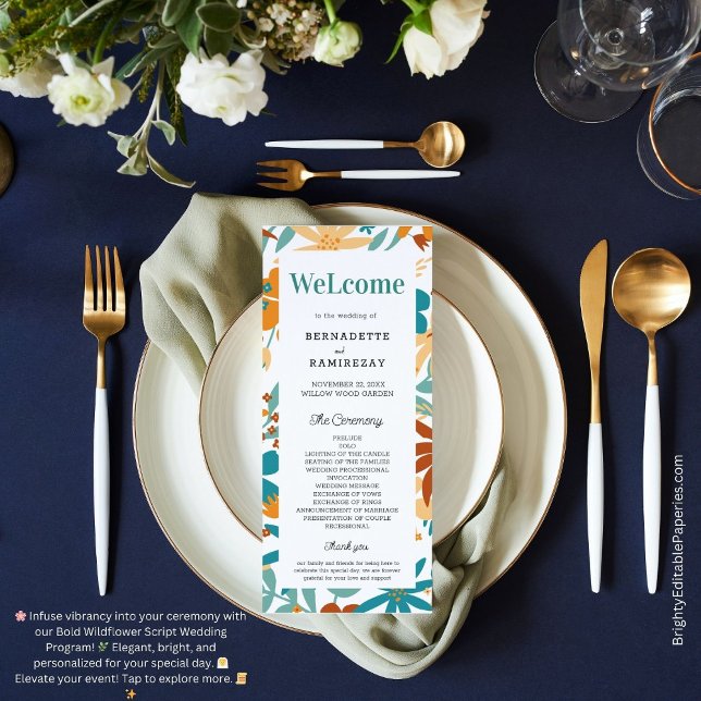 Bold Abstract Bright Wildflower Script Wedding Men Programme (Elegance scripted in vibrant blooms! 🌸✨ #WeddingProgram)