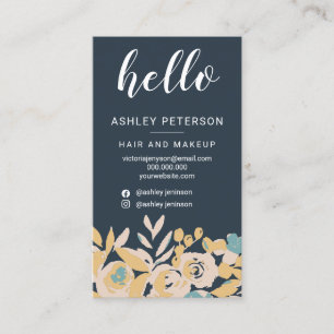 Bold abstract floral navy blue chic hello script business card