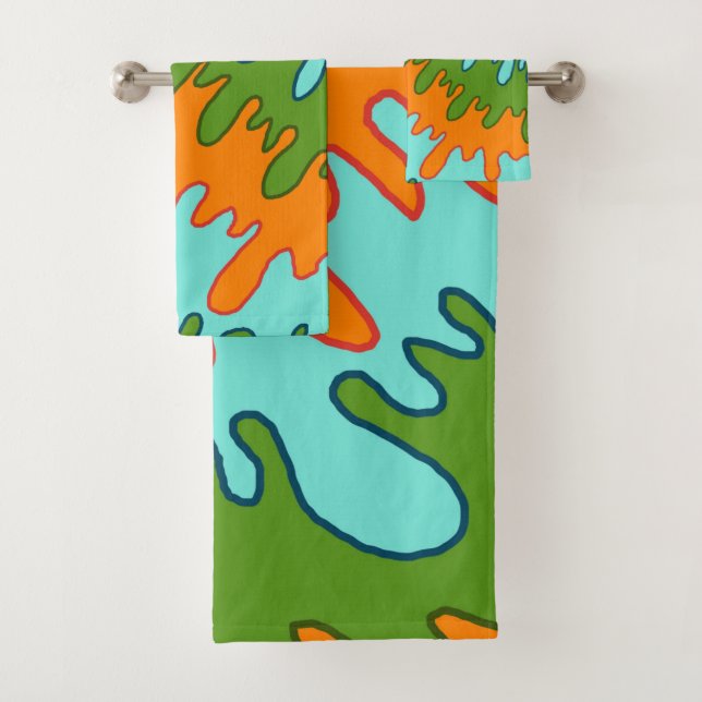 Bold Abstract Orange Green Liquid Drip Wavy Stripe Bath Towel Set (Insitu)