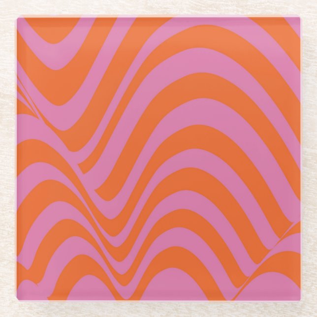 Bold Abstract Orange Pink Wavy Stripe Retro Spring Glass Coaster (Front)