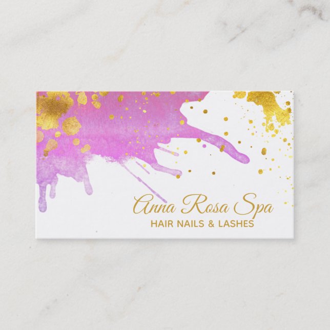 *~*Bold Abstract  Pink Glam Watercolor Gold Luxe Business Card (Front)