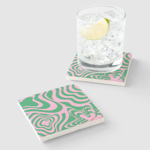 Bold Abstract Pink Green Marble Wavy Stripe Retro Stone Coaster