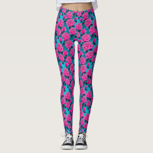 Bold Abstract Roses In Neon Pink  Leggings