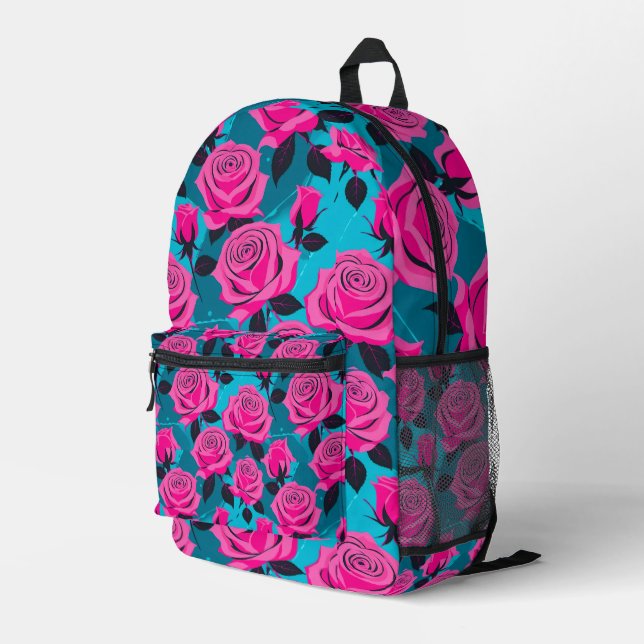 Bold Abstract Roses In Neon Pink  Printed Backpack (Back Corner Right)