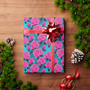 Bold Abstract Roses In Neon Pink Wrapping Paper