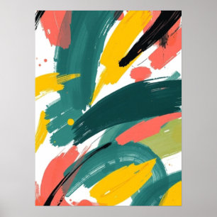 Bold Abstract Strokes Art: Teal & Yellow Poster