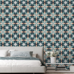Bold Abstract Teal and Peach Moroccan Tile Wallpaper