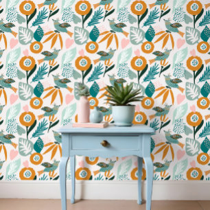 Bold Abstract Tropical Birds & Floral Pattern Wallpaper