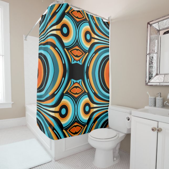 Bold abstract wave flowers Azure Cobalt Cascade Shower Curtain (In Situ)