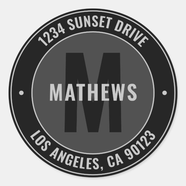 Bold Address, Slogan or Other Text | Black & Grey Classic Round Sticker (Front)