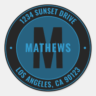 Bold Address, Slogan or Other Text   Blue & Black Classic Round Sticker