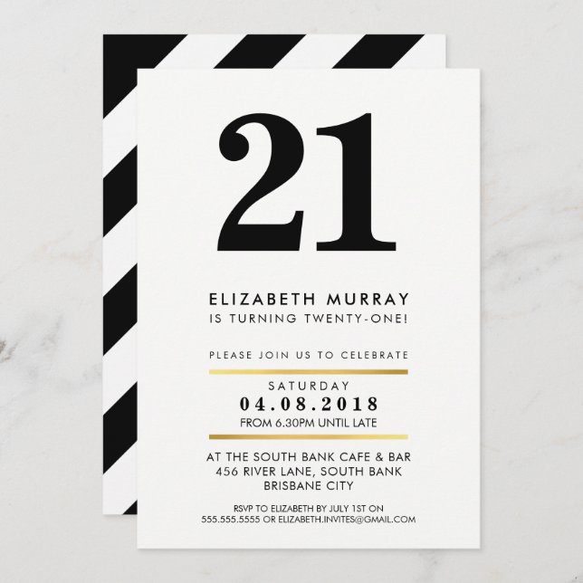 BOLD AGE NUMBER minimal black white 21ST INVITE (Front/Back)