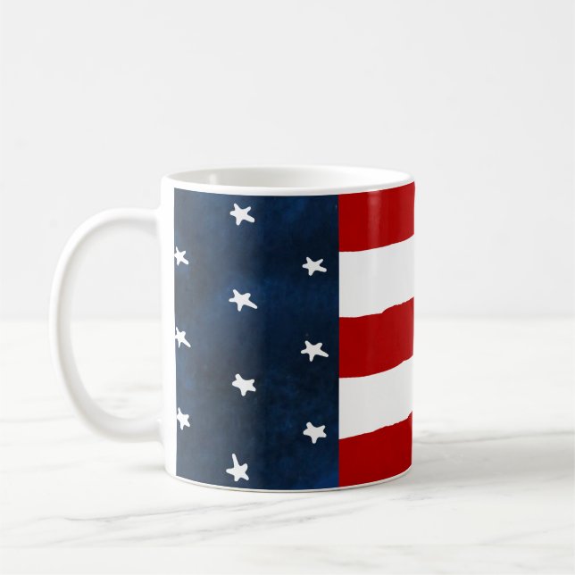 Bold Americana Style Watercolor American Flag Coffee Mug (Left)
