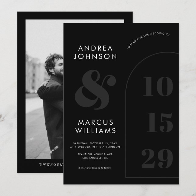 Bold Ampersand & Date Black & White Photo Wedding Invitation (Front/Back)