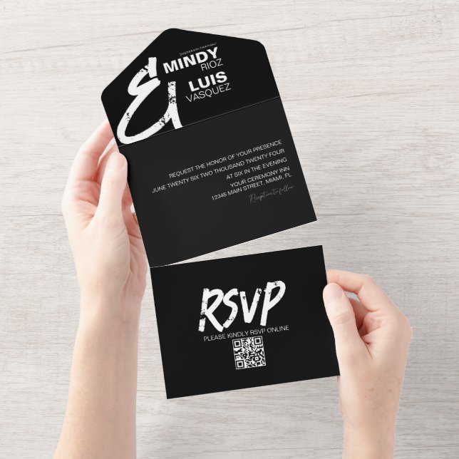 BOLD AMPERSAND Grunge Black Wedding All In One Invitation (Tearaway)