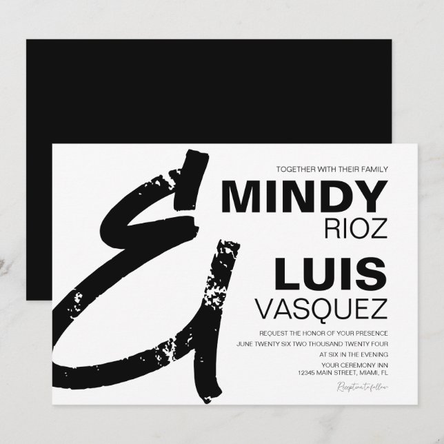 BOLD AMPERSAND Grunge Black White Wedding Invitation (Front/Back)