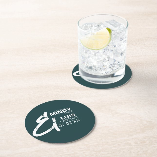 BOLD AMPERSAND Grunge Green White Wedding   Round Paper Coaster (Insitu)