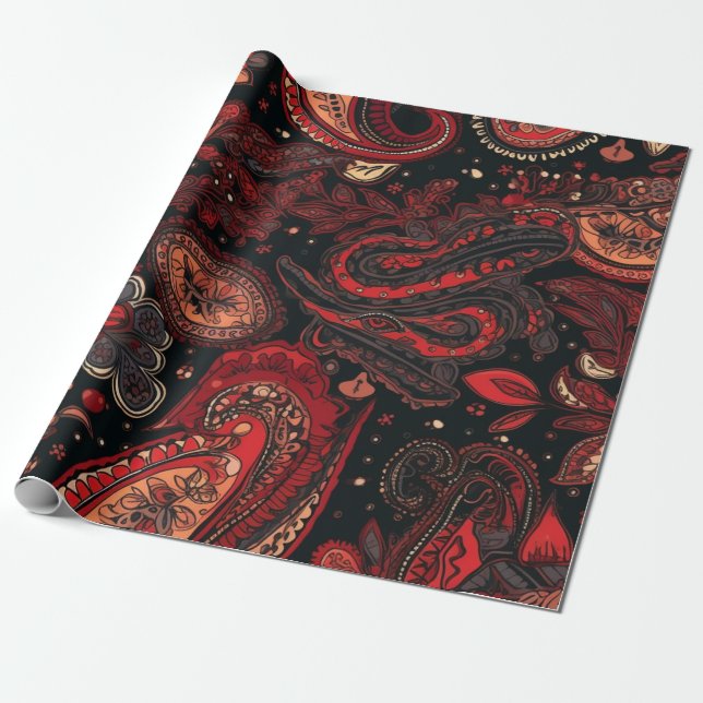 Bold and Beautiful Red Paisley Pattern Design Wrapping Paper (Unrolled)