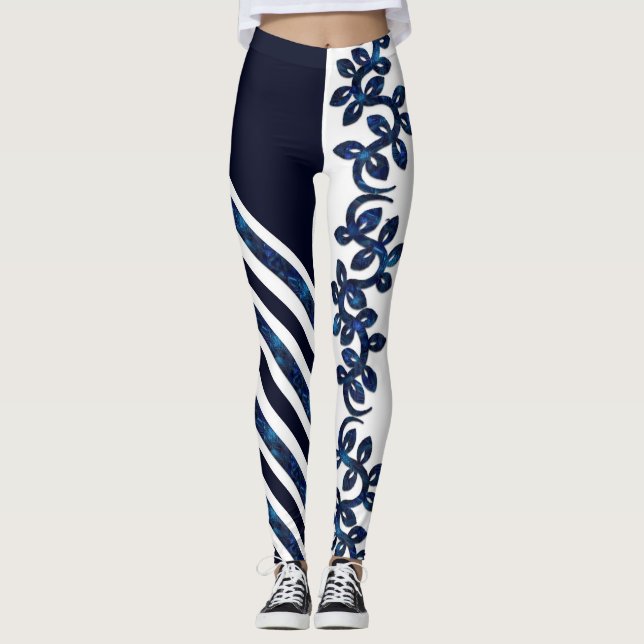 Bold and Beautiful White and Blue Design Leggings (Front)
