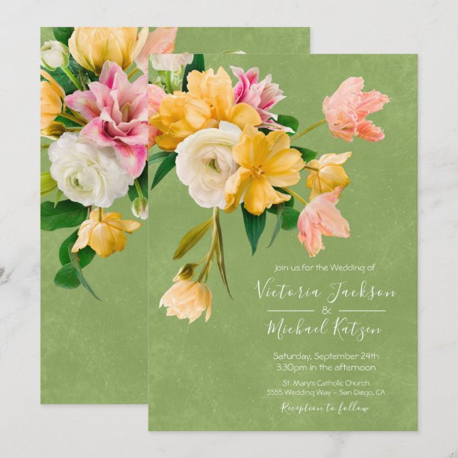 Bold and Bright Blooms Floral Wedding Invitation (Front/Back)