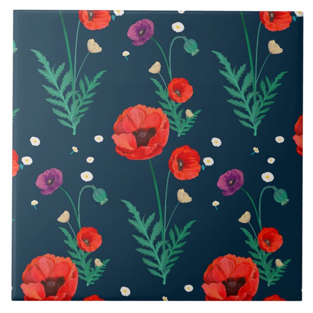 Bold and Bright Red Floral Pattern Tile (Front)