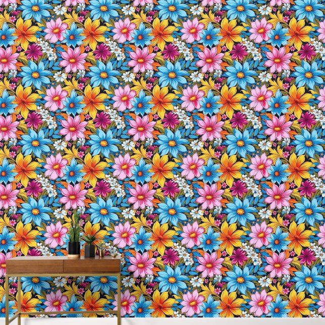Bold and Bright Red Yellow Blue  Florals Wallpaper (Hallway)