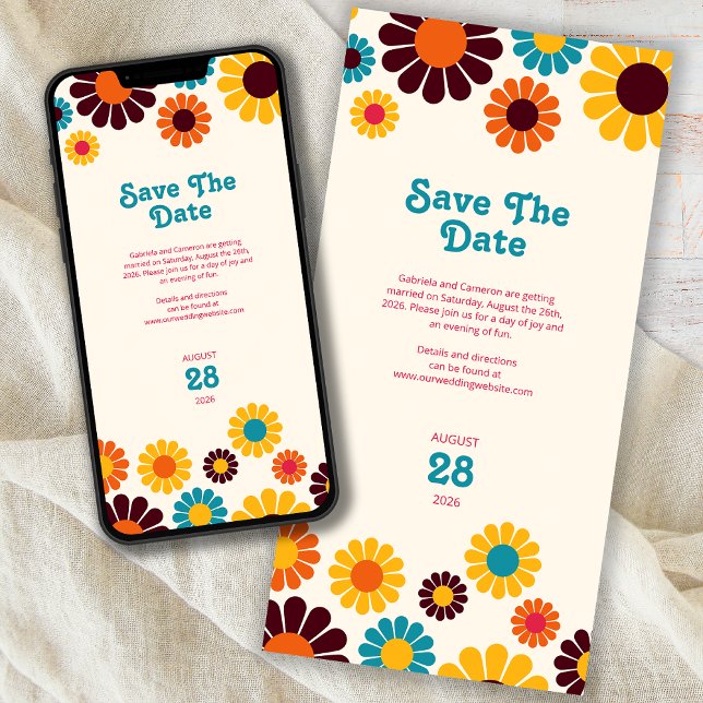 Bold and Bright Retro Colour Daisy Save The Date (Creator Uploaded)