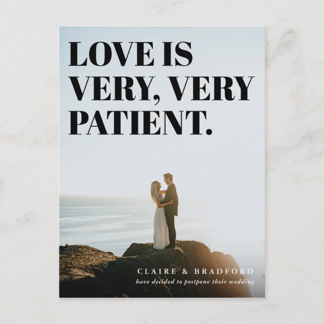 Bold and Cheeky Typographic Postponed Wedding Announcement Postcard (Front)