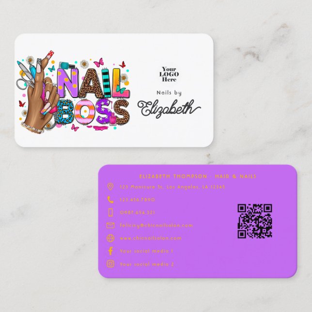Bold and Colourful African American Nail Boss Business Card (Front/Back)
