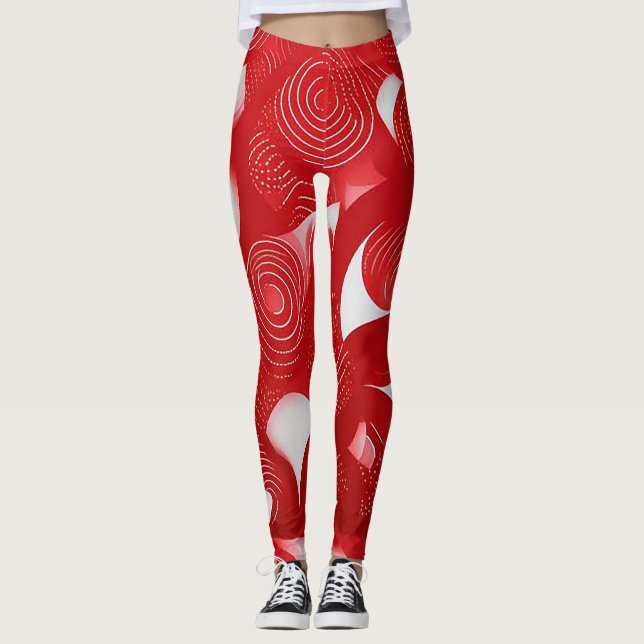 Bold and Dynamic: Red & White Abstract Leggings  (Front)