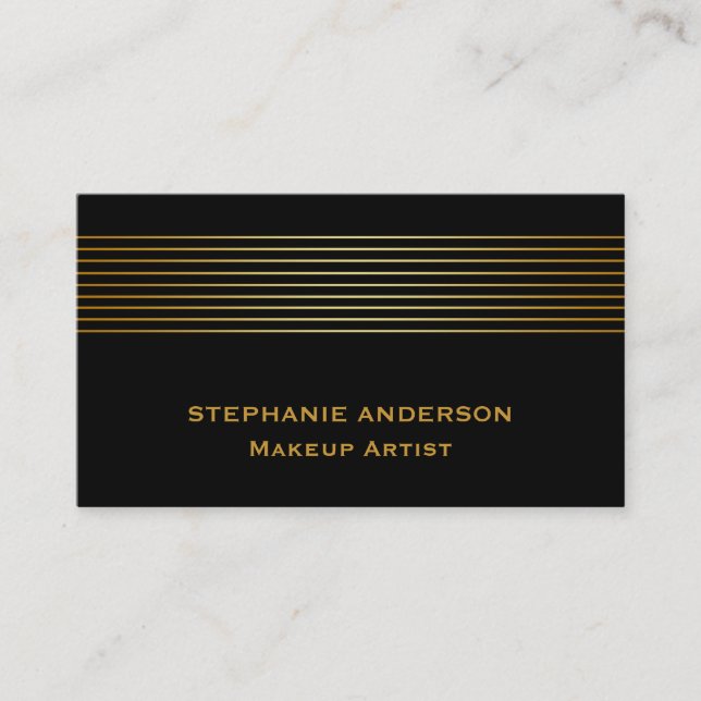 Bold and Elegant Black Gold Striped Makeup Artist Business Card (Front)