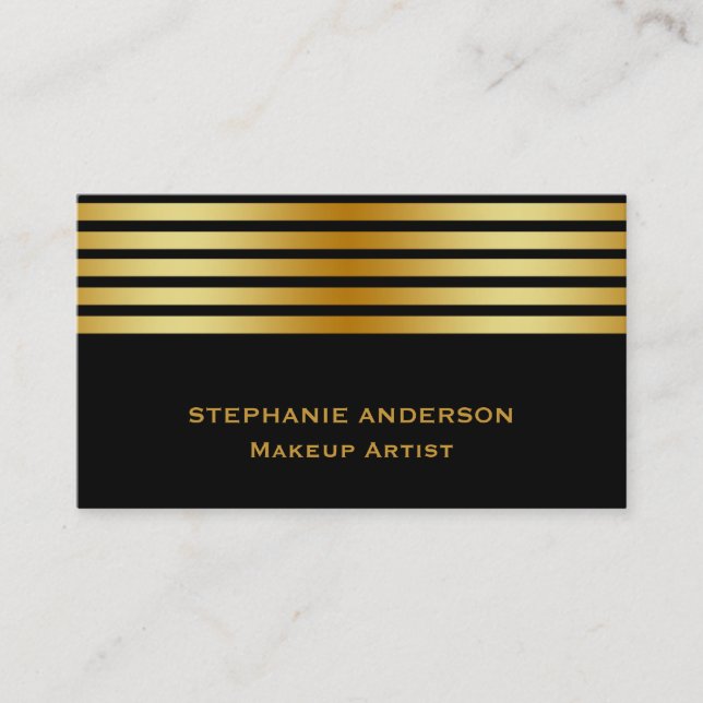 Bold and Elegant Black Gold Striped Makeup Artist Business Card (Front)