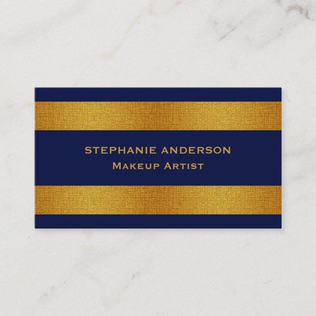 Bold and Elegant Blue Gold Striped Makeup Artist Business Card (Front)