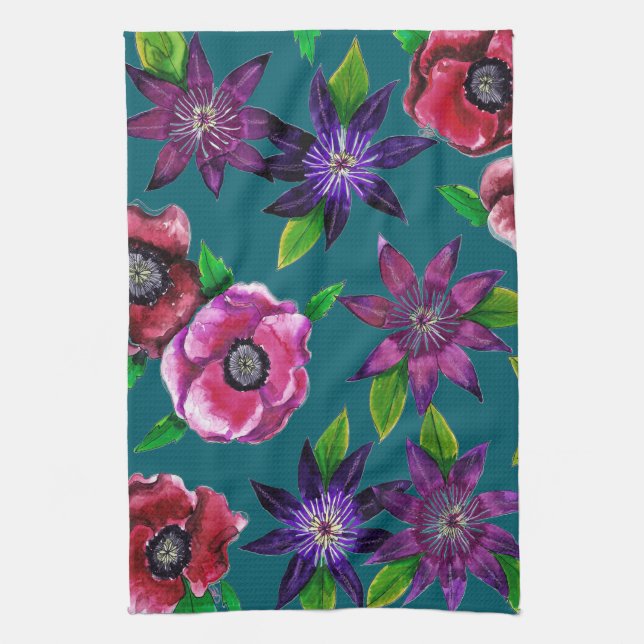 Bold Anemone & Clematis Watercolor Kitchen Towel (Vertical)