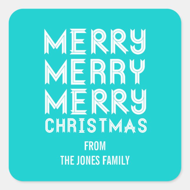Bold Aqua and White Merry Christmas Gift Labels (Front)