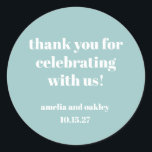 Bold Aqua Blue Retro Custom Wedding Thank You  Classic Round Sticker<br><div class="desc">Add a special touch to your wedding favours with these elegant thank-you stickers. Featuring a soft aqua blue background and modern typography, these customisable stickers are perfect for sealing favour bags, gift boxes, or envelopes. Personalise with names and the wedding date for a thoughtful finishing detail your guests will appreciate!...</div>