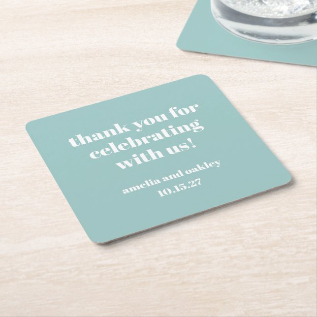 Bold Aqua Blue Retro Custom Wedding Thank You  Square Paper Coaster (Angled)