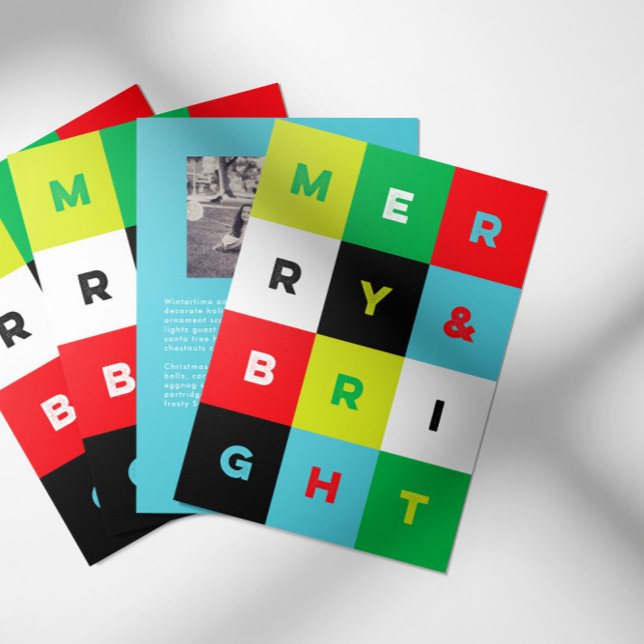Bold Aqua Red Green Merry and Bright Christmas Holiday Card (Merry & Bright holiday card with bold colored checks, personalized photo and message text on back)