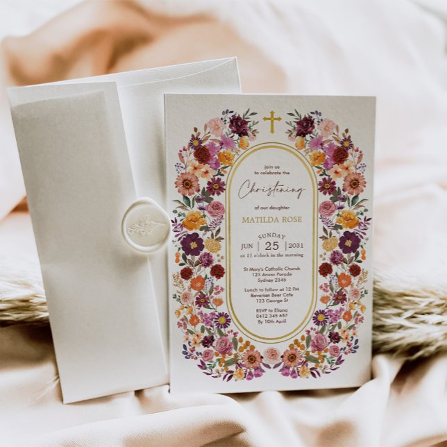 Bold Autumn Wildflower Garden Wreath Christening Invitation (Creator Uploaded)